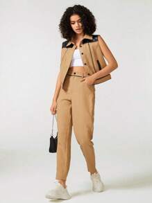 Jenny Gyn Designer Contrast PU Leather Panel Vest Jacket, For Summer, For Holiday, Vacation - Brown - View 5