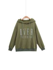 Flirla Plus Size Hooded Sweatshirt With Letter Embroidery And Drawstring, Thickened - Army Green - View 1