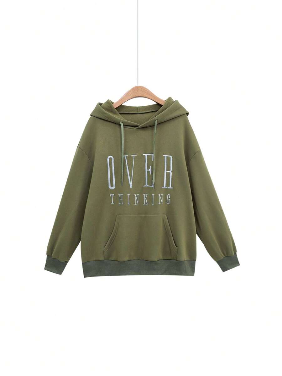 Flirla Plus Size Hooded Sweatshirt With Letter Embroidery And Drawstring, Thickened - Army Green - View 1