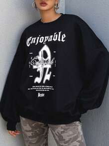 DAZY 女性標語印花下垂肩毛衣 - 黑色 - 查看 2