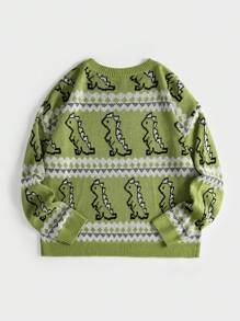 Flirla 大碼卡通恐龍和幾何圖案套頭毛衣 - 綠色 - 查看 2