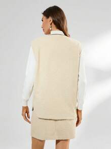 GENKIRA Ensemble Deux Pièces Gilet Et Jupe À Bordure De Couleur Contrastée Pour Femmes - Camel - Voir 2