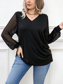 SHEIN Frenchy 大尺碼女款網布拼接長袖 T 卹 - 黑色 - 查看 4