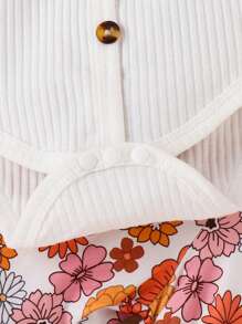 3 pièces/Set Combinaison bébé nouveau-né mignon avec décoration en nœud, pantalon évasé à imprimé floral et ensemble de bandeau