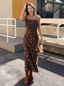 DAZY Váy dây đeo spaghetti in hoa Ditsy dành cho nữ - Màu Khaki - Xem 5