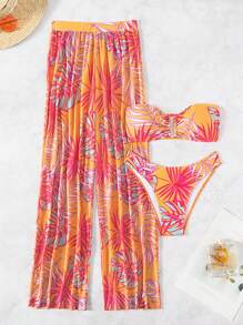 Tropical Print Strapless Bikini Set With Beach Pants Carnival - Multicolor - View 1