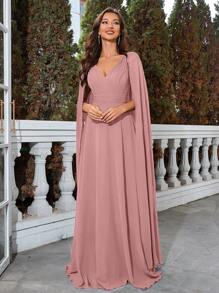 UNITHORSE Solid Color Splice Cape Sleeve Formal Dress - Bụi hồng - Xem 5