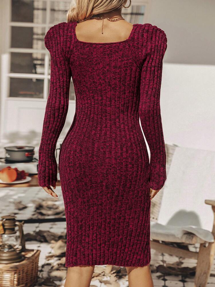 Women's Cross Wrap Knitted Sweater Dress With Ribbed Trim