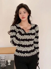 DAZY Faux Pearl Decorated Long Sleeve Top,Fall Clothes - Black - View 9