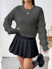 Flirla Women's Casual Solid Color Fringe Trim Drop Shoulder Knit Pullover Fall Winter Sweater - Grey - View 6