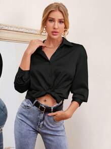 BizChic 落肩袖緞面襯衫工作服 - 黑色 - 查看 5