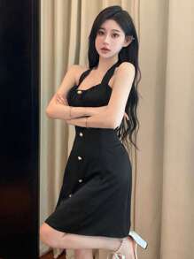 Dazy Designer Women's Backless Halter Neck Dress Prom Dress - Black - View 4