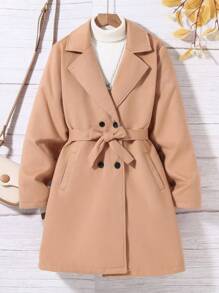 Teen Girls' Lapel Collar Double-breasted Belted Woolen Coat - Apricot - View 1