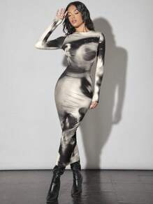 SHEIN BAE 复古肖像印花网眼长袖紧身连衣裙