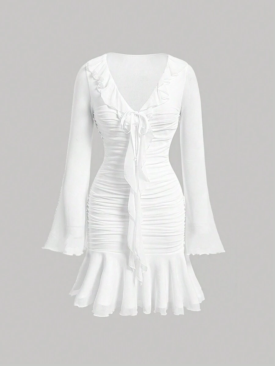 SHEIN MOD Solid Color Pleated Mermaid Hem Bodycon Dress With Ruffle Detail And Long Sleeves - White - View 1