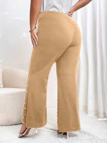 SHEIN Privé Pantaloni Da Donna Con Orlo Svasato E Fessura Con Perline Taglie Forti - Cachi - Visualizzare 2