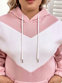 SHEIN LUNE 大尺碼袋鼠口袋兩色抽繩連帽衫和褲子兩件套 - 粉色 - 查看 6