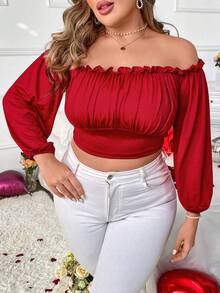 SHEIN Franclia Kích thước lớn Không đối xứng Off Shoulder Áo thun Với Viền trang trí - Đỏ - Xem 4