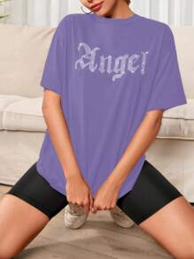 SHEIN Cottnline Rhinestone Letter Decorated Short Sleeve T-shirt - Purple - View 3