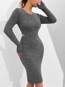 SHEIN Unity 女性休閒針織連衣裙,中空腰部設計 - 深灰色 - 查看 5