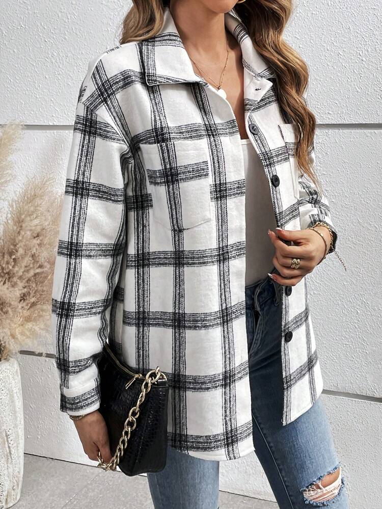 Women's Checked Woolen Coat With Lapel Collar