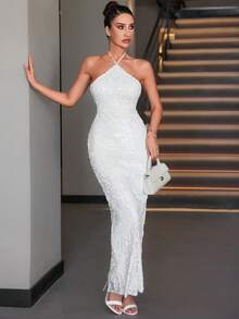 SHEIN Cottnline Backless Halter Sequin Party Dress - White - View 5