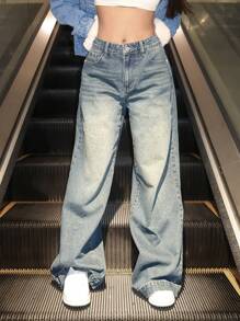 SHEIN ICON Jeans de talle alto de pierna ancha - Azul lavado oscuro - Ver 1