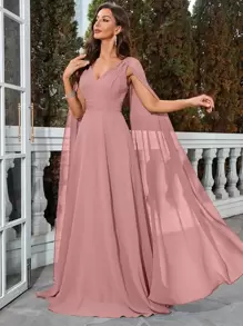 UNITHORSE Solid Color Splice Cape Sleeve Formal Dress - Bụi hồng - Xem 4
