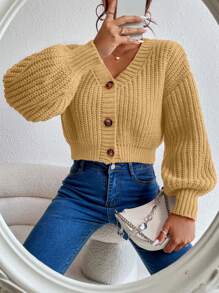 SHEIN Essnce 純色下垂肩短身開衫 - 卡其色 - 查看 6