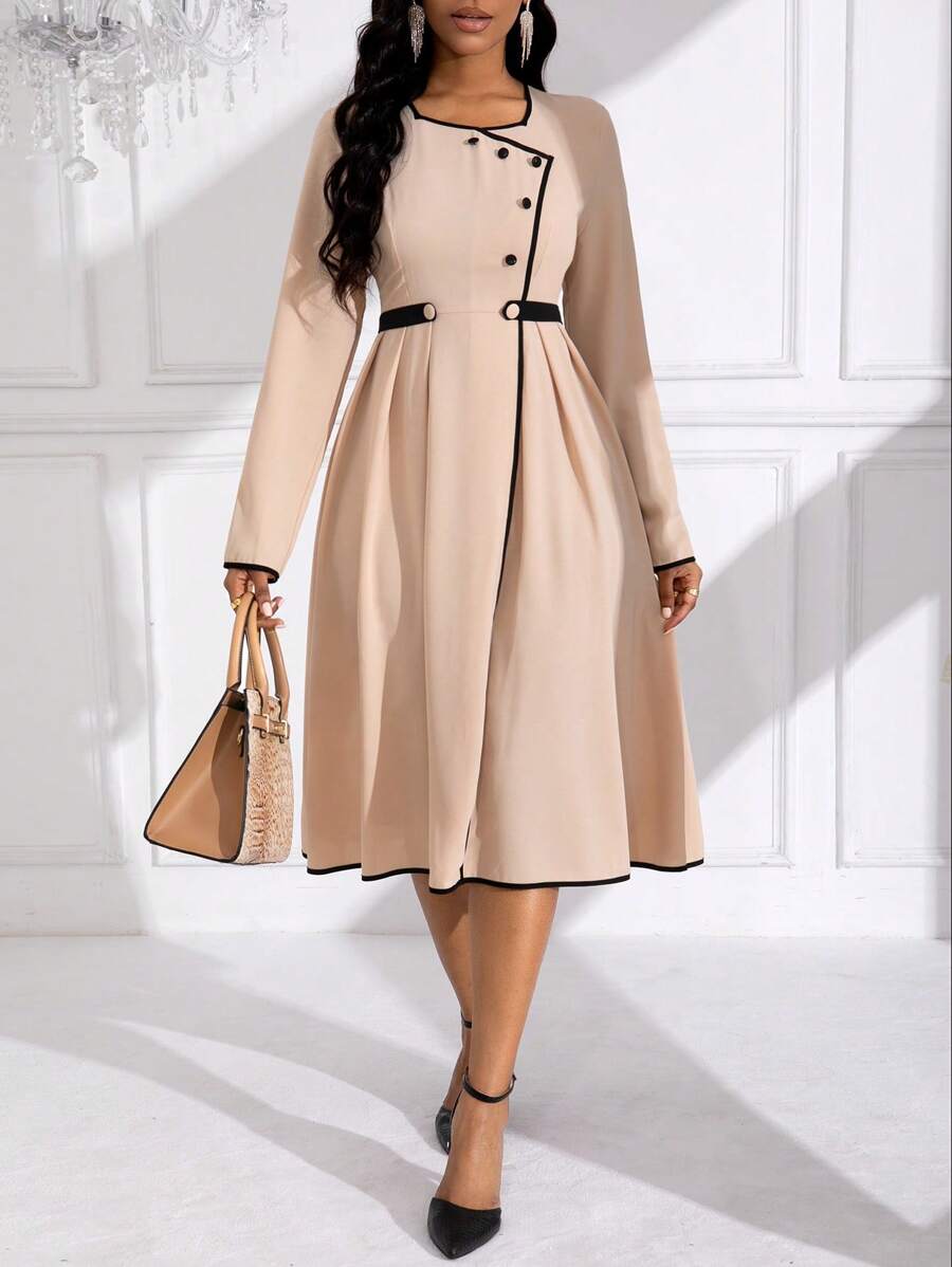 SHEIN Unity Women's Hemmed Pleated Long-Sleeve Dress Fall Cloth For Women - Apricot - View 1