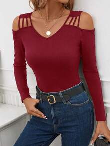 SHEIN Clasi 露肩長袖貼身衣 - 酒紅色 - 查看 3