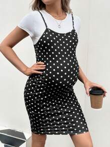SHEIN Maternity Short-Sleeved T-Shirt And Polka-Dot Cami Dress Two-Piece Set - Black and White - View 1