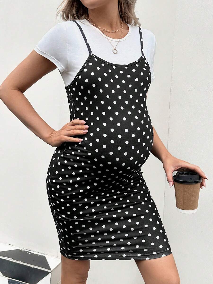 SHEIN Maternity Short-Sleeved T-Shirt And Polka-Dot Cami Dress Two-Piece Set - Black and White - View 1