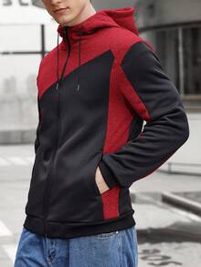 Manfinity Homme Nam màu trơn Dây kéo Hoodie Với Tương phản Màu sắc Thiết kế - Đỏ - Xem 5