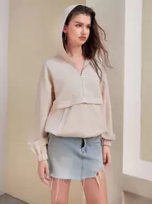 SHEIN Unity Kangaroo Pocket Zipper Hooded Sweatshirt With Half Zip Closure - Apricot - View 3