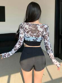 Dazy Designer 1 件扭結細節長袖短版花卉上衣 - 灰色 - 查看 2