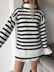 EURMUSE Cổ cao Thả vai Sọc Áo len - màu đen - Xem 4