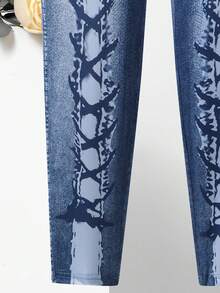 Maweii 大码女式牛仔效果印花紧身裤 - 藍色 - 查看 3