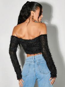 SHEIN BAE 浪漫毛絨花卉一字肩喇叭袖正面繫帶上衣 - 黑色 - 查看 2