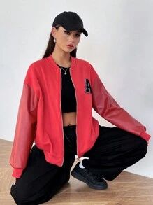 SHEIN EZwear Pu皮革袖子帶字母刺繡的棒球夾克 - 紅色 - 查看 5