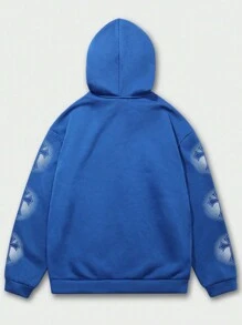 ROMWE MEN Street Life 男士及字母印花拉鍊前開衛衣 - 藍色 - 查看 2