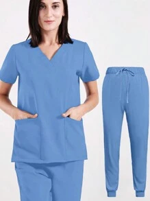 Conjunto De Uniformes De Enfermera Compuesto Por Una Camiseta Sólida Con Cuello En V Y Pantalones De Chándal Con Cintura Ajustable Y Cordón - Azul - Ver 1