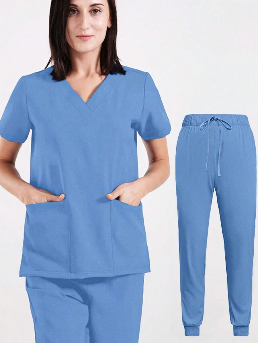 Conjunto De Uniformes De Enfermera Compuesto Por Una Camiseta Sólida Con Cuello En V Y Pantalones De Chándal Con Cintura Ajustable Y Cordón - Azul - Ver 1