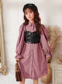 SHEIN 女孩優雅寬鬆pu打底連身裙,細肩帶和灰色灰絨修補拼接 - 淺粉色 - 查看 1