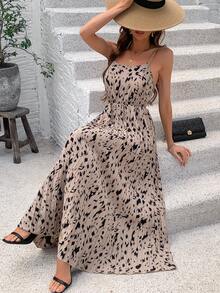 SHEIN Frenchy 全印花露背百褶吊帶連身裙 - 黑色 - 查看 5