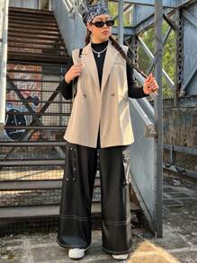 SHEIN EZwear Plus Lapel Neck Double Button Vest Blazer - Khaki - View 6