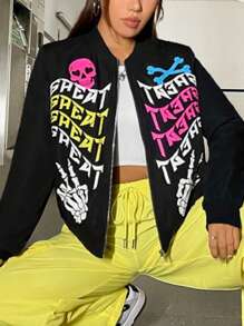 SHEIN EZwear Hình ảnh Skull & chữ cái Dây kéo Áo khoác bomber - màu đen - Xem 5