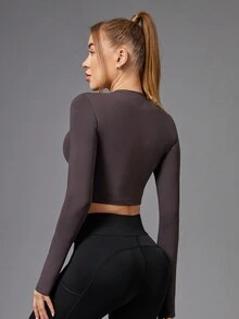 SHEIN Yoga Basic Solid Color Long Sleeve Round Neck Short Sports T-Shirt - Coffee Brown - View 2