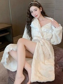 Của phụ nữ Tay áo dài Áo ngủ dài Với thắt lưng Và Xếp nếp Hem - trắng - Xem 2