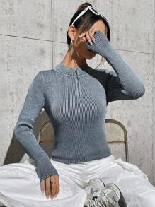 SHEIN Unity 女式羅紋長袖針織毛衣 - 藍色 - 查看 4